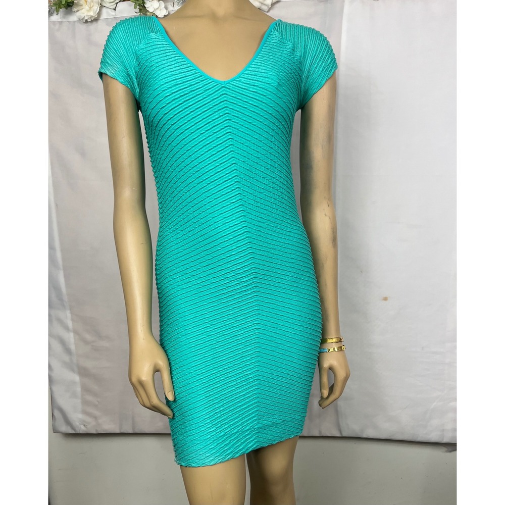 Bebe Vintage Y2K Turquoise Textured Chevron Ribbed Bodycon Mini‎ Dress ML USA